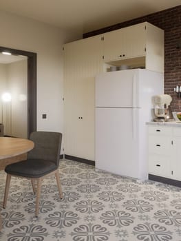 White kitchen with dark red brick, wood, large window and kitchen utensils. L-shaped kitchen with beams and dining table. 3d rendering