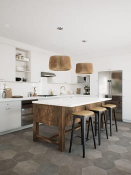 White kitchen with wood island and patterned wood fixtures with kitchen appliances and utensils. Stylish kitchen in traditional style. 3D rendering