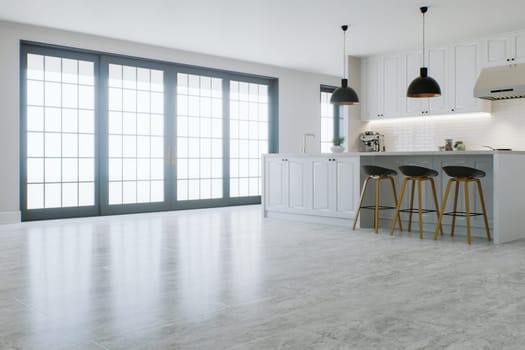 Semi-empty white kitchen interior with a large window and an accent on the marble floor. Kitchen with island and large black window. 3D rendering.