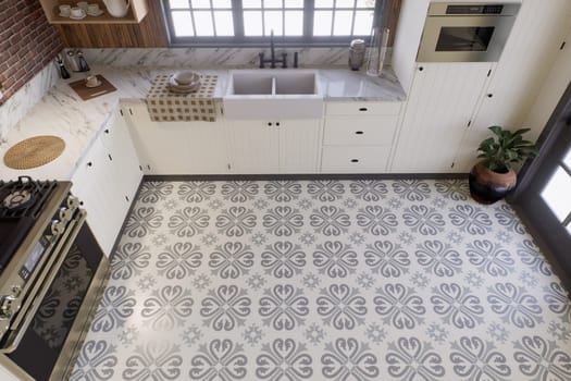 White kitchen with dark red brick, wood, large window and kitchen utensils. L-shaped kitchen with tiles on the floor, viewed from above at an angle to the floor. 3D rendering