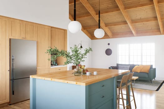 Large U-shaped green kitchen with island and wooden countertop. Kitchen interior with high ceiling and wood in the interior. 3d rendering.