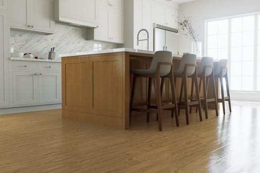 Bright kitchen with wooden island, bar stools, kitchen appliances and utensils. Kitchen interior with an accent on the kitchen island. 3D rendering