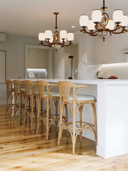 Traditional white kitchen with long island and wooden chairs with varnished wood flooring. Classic kitchen with large chandeliers and kitchen appliances. 3d rendering