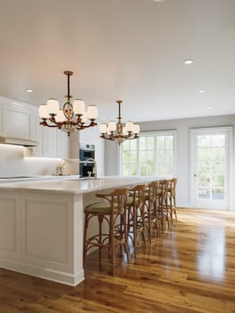 Traditional white kitchen with long island and wooden chairs with varnished wood flooring. Classic kitchen with large chandeliers and kitchen appliances. 3d rendering