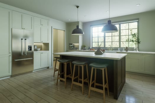 Beautiful bright kitchen in a new luxury house in a traditional style. Features a wood island, white stone countertops, cabinets and wood floors. 3D rendering