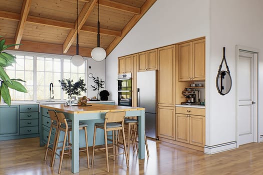 Large green U-shaped kitchen with island and wooden countertop. An image of a kitchen with a black outline. 3D rendering.