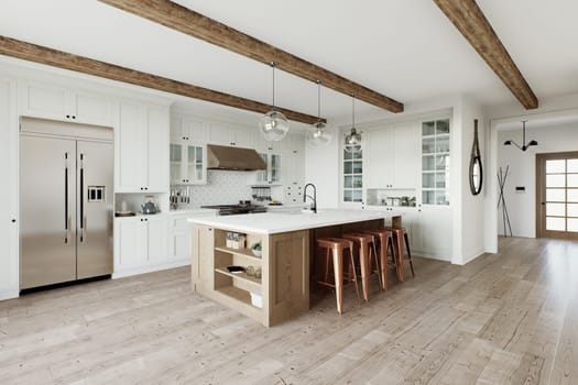 Traditional large L-shaped kitchen with large island and kitchen appliances. Emphasis on a large metal refrigerator in the interior. 3D rendering