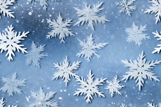 seamless pattern of snowflakes on dark blue background, neural network generated. Not based on any actual scene or pattern.