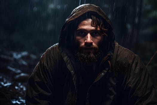 Caucasian man with beard lost in forest at rainy night. Neural network generated image. Not based on any actual person or scene.