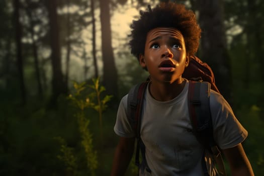 African American boy lost in green forest at summer day. Neural network generated image. Not based on any actual person or scene.