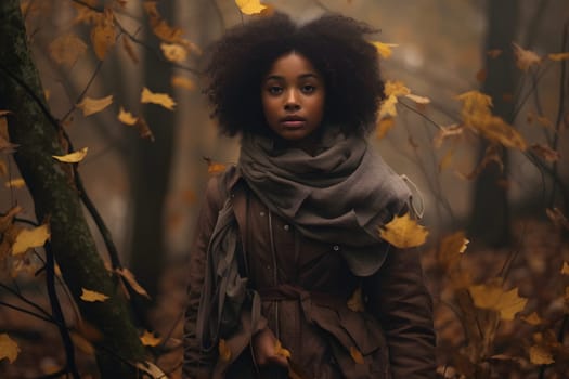 African American girl lost in forest at autumn evening. Neural network generated image. Not based on any actual person or scene.