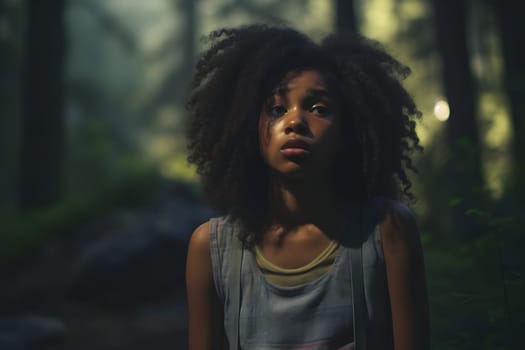 African American girl lost in green forest at summer day. Neural network generated image. Not based on any actual person or scene.