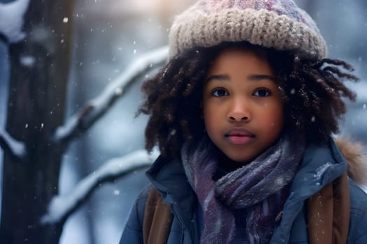 African American girl lost in forest at winter evening. Neural network generated image. Not based on any actual person or scene.