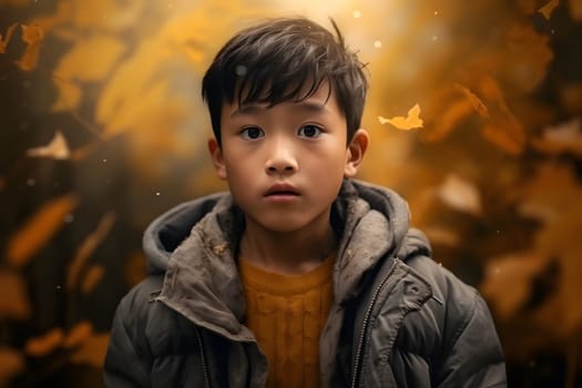 Asian boy in forest at autumn evening. Neural network generated image. Not based on any actual person or scene.