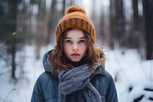 Caucasian girl lost in snowy winter forest at day. Neural network generated image. Not based on any actual person or scene.