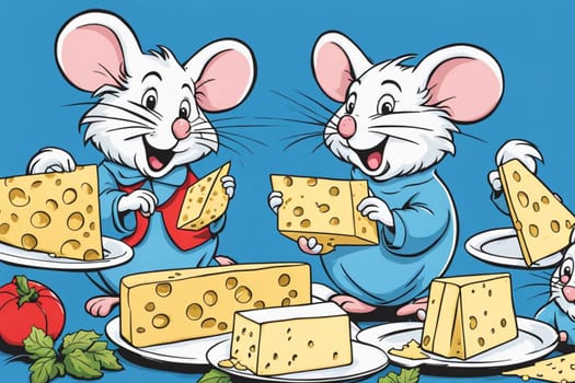 mice eating cheese in a party comic illustration allegory with blue background and flags