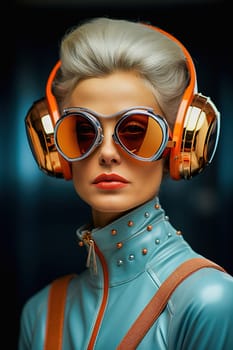 Fashionable blonde woman wearing headphones and sunglasses. High quality photo