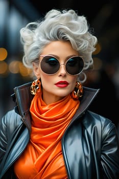 Fashionable blonde woman wearing sunglasses and black leather jacket at a fashion show. High quality photo