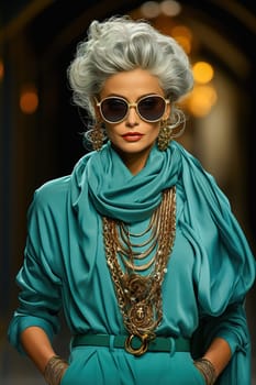 Fashionable blonde woman in sunglasses and blue chic dress at a fashion show. High quality photo