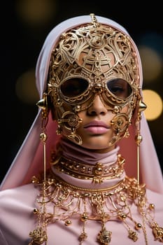 Fashionable African American woman wearing sunglasses and gold mask with jewelry at a fashion show. High quality photo