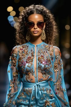 Fashionable African American woman wearing sunglasses and blue transparent dress at a fashion show. High quality photo