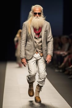 Fashionable old man with a white beard at a fashion show. High quality photo