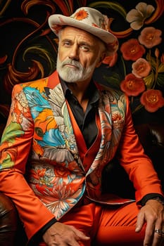 A fashionable man of advanced age with a white beard in an orange suit. High quality photo