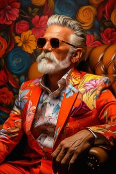 A fashionable man of advanced age with a white beard in an orange suit. High quality photo