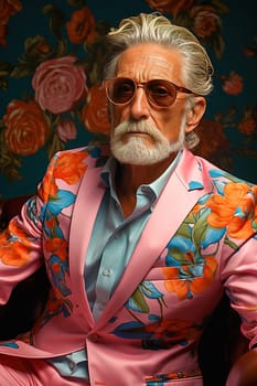 Fashionable elderly man with a white beard in a pink suit. High quality photo