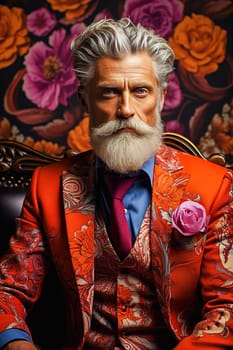 A fashionable man of advanced age with a white beard in an orange suit. High quality photo