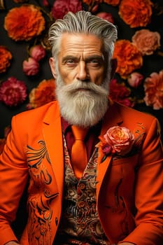 A fashionable man of advanced age with a white beard in an orange suit. High quality photo