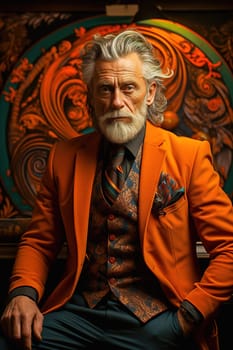 A fashionable man of advanced age with a white beard in an orange suit. High quality photo