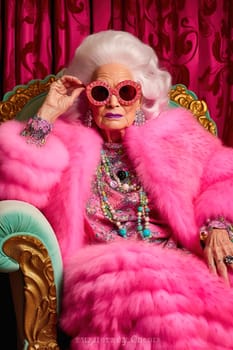 Glamorous, fashionable grandmother in pink clothes. High quality photo