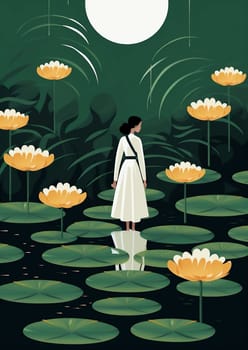 Lake woman beauty art water background asia plant park nature design flower pink pond people lily blossom illustration garden summer green young lotus leaf