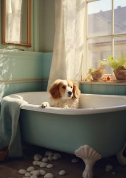 Cute dog groom wet puppy shampoo fun brown pet funny clean friend bathtub happy tub shower animal bathroom care water wash bathing