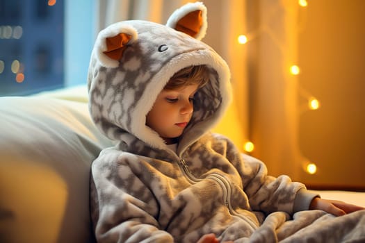 A child in a soft onesie in the form of animals. Pajama suits. High quality photo