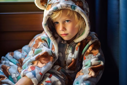 A child in a soft onesie in the form of animals. Pajama suits. High quality photo