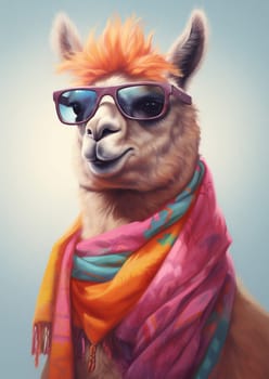 Cute stylish alpaca portrait of llama wearing glasses on blue background wearing glasses and scarf, fashion