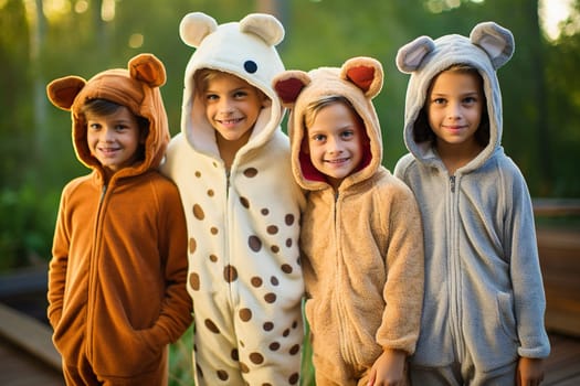 Children in soft animal-shaped onesies. Pajama suits. High quality photo