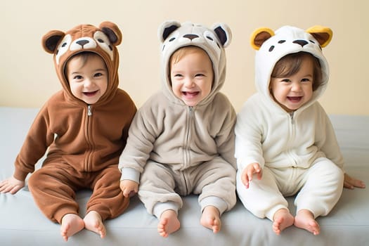 Children in soft animal-shaped onesies. Pajama suits. High quality photo