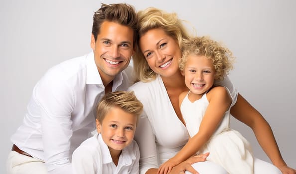 Happy couple with children are photographed in the studio in white clothes. High quality photo