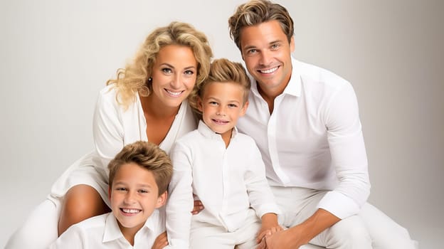 Happy couple with children are photographed in the studio in white clothes. High quality photo