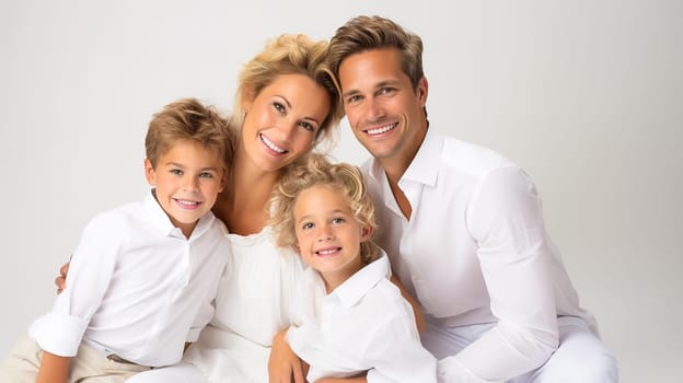 Happy couple with children are photographed in the studio in white clothes. High quality photo