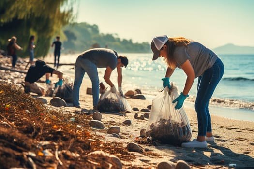 A group of people collects garbage on the sea coast. Concept, caring for the planet. High quality photo