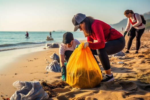 A group of people collects garbage on the sea coast. Concept, caring for the planet. High quality photo