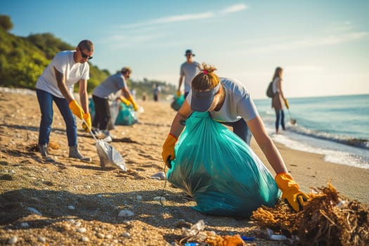 A group of people collects garbage on the sea coast. Concept, caring for the planet. High quality photo