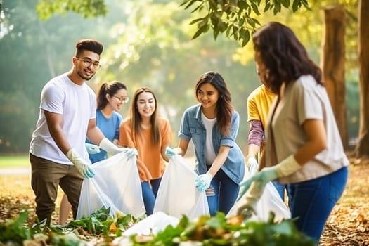 A group of people collect garbage in the park and distribute it into containers. The concept of caring for the planet. High quality photo