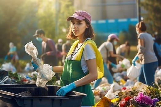 A group of people collect garbage in the park and distribute it into containers. The concept of caring for the planet. High quality photo