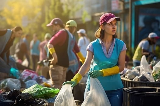 A group of people collect garbage in the park and distribute it into containers. The concept of caring for the planet. High quality photo
