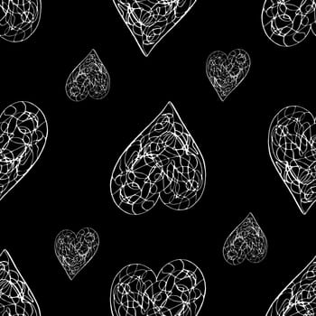 Seamless Pattern with Hearts. Hand Drawn Valentines Background. White Hearts on Black Background. Digital Paper Drawn by Colored Pencils.